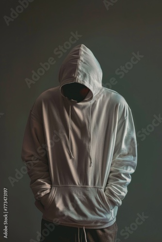 A man wearing a white hoodie with hands in pockets. Suitable for fashion or urban lifestyle themes