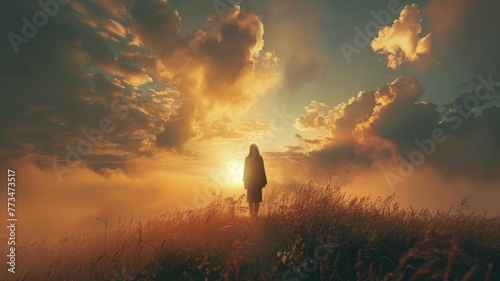 Solitary figure in golden sunset field - A lone person seen from behind amidst tall grass under a spectacular golden sky suggesting contemplation