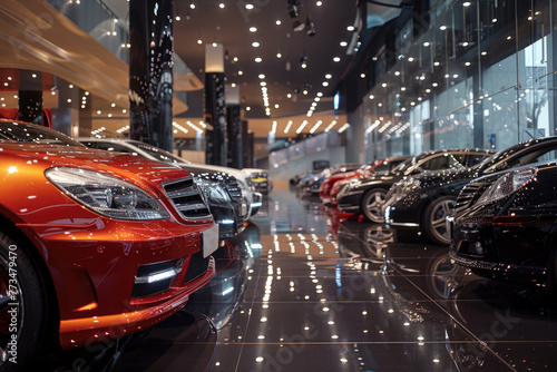 A line of cars parked in a showroom. Perfect for automotive industry promotions