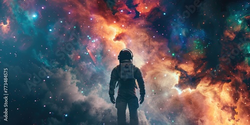 Astronaut standing in front of a colorful galaxy, suitable for space exploration themes