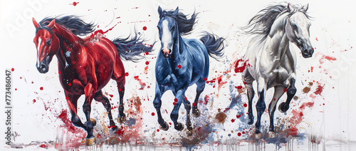 red, blue and white horses