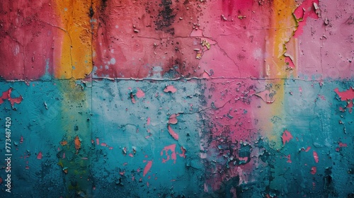 A colorful wall with peeling paint, perfect for backgrounds or texture overlays