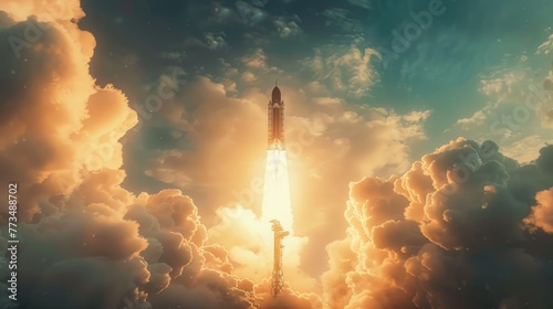 A space shuttle launching into the sky. Suitable for science and technology concepts