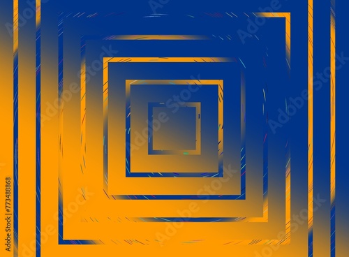 Kwadratowe cienkie ramki na rozmytym gradientowym tle w żółto - niebieskiej kolorystyce. Zmniejszający się rozmiar. Geometryczne abstrakcyjne tło, tekstura