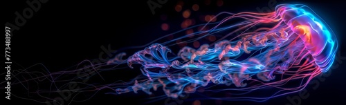 Closeup of an Iridescent deep water Jellyfish displaying long stinging tentacles, dark background with copy space.
