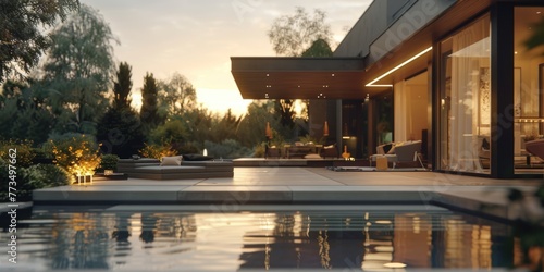 A serene pool in a backyard, perfect for relaxation or entertainment