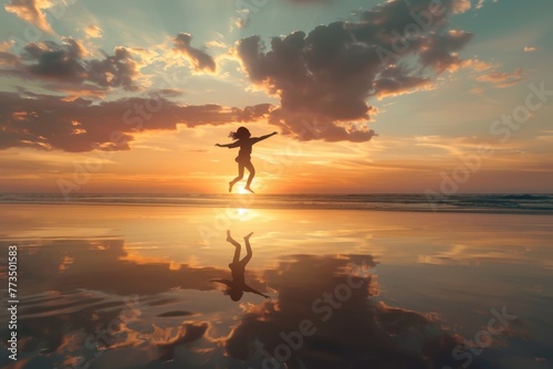 A person jumping in the air on a sandy beach, suitable for travel and summer themes