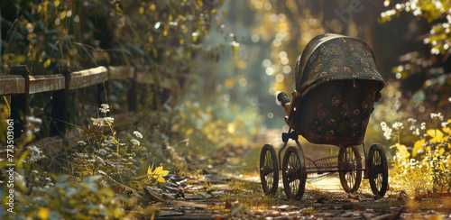 A baby stroller left alone in a peaceful forest. Suitable for nature and parenting themes