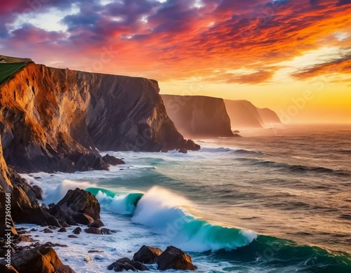 A mesmerizing sight of coastal cliffs bathed in the warm glow of the setting sun, with waves