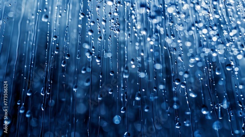 Close-up of water droplets on a window with a blue background. High-resolution macro photography of raindrops with a bokeh effect. Design for background, wallpaper, or environmental themes