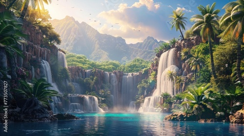 Epic Tropical Island Paradise with Lush Waterfalls and Palm Trees