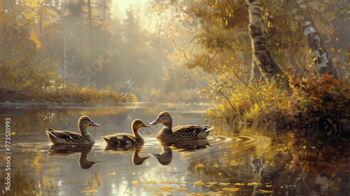 A charming family of ducks swimming in a tranquil forest pond, their reflections mirrored in the calm water.
