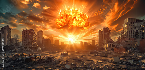 Modern city devastated by explosions. explosion nuclear bomb in a city. futuristic background 