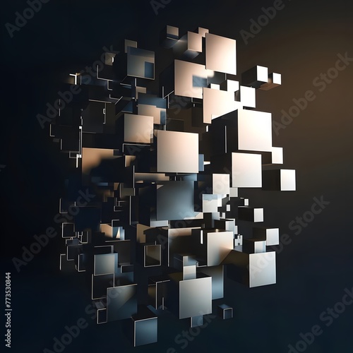 3D render of abstract geometric blocks on a dark background, showcasing a modern and visually striking design.