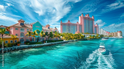 A vibrant scene in Nassau, Bahamas, captures a speedboat, the ocean, colorful residences, and a hotel under the summer sun