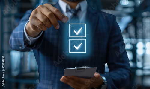 Businessman showing check mark summarizing job Compile lists, votes, and to-do lists. Checklists, task lists, and summaries description checklist Documents and online quality assessment standards