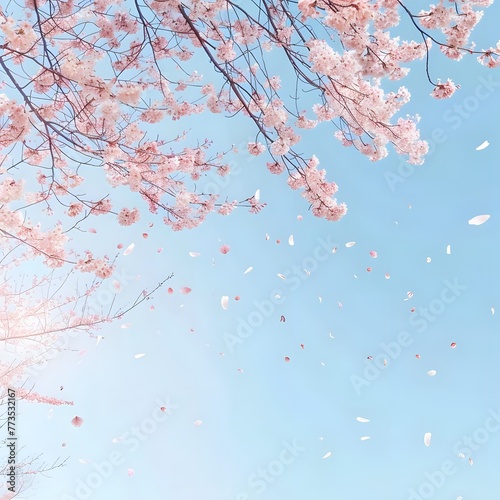 Springtime illustration of cherry blossoms falling against a clear blue sky, expressing the transient beauty of sakura blossoms in the wind.
