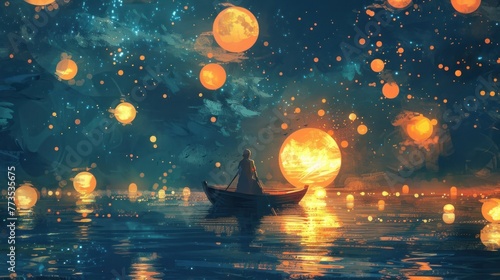 Man rowing a boat floating on water at night scene background with many glowing moons