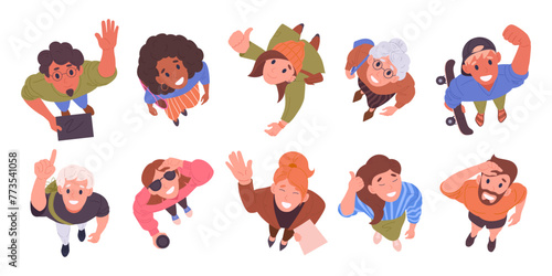 People looking upwards. Male and female characters top view look up, men and women view from above amazed something in sky flat vector illustration set. Cartoon people staring up