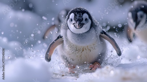 cuteness overload of baby penguins waddling on a snowy white background, their fluffy feathers and clumsy steps immortalized in cinematic 8k full ultra HD