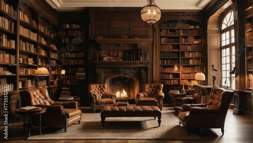 Traditional library interior with fireplace