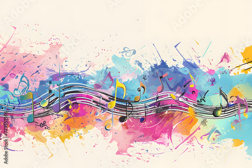 abstract background in the form of a musical wave, a multi-colored musical wave with notes on a white background