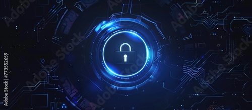 A circular cyberspace lock with holographic effects and blue neon lines around it, set against a dark background. The lock is centered in the frame, surrounded by futuristic tech elements like digital