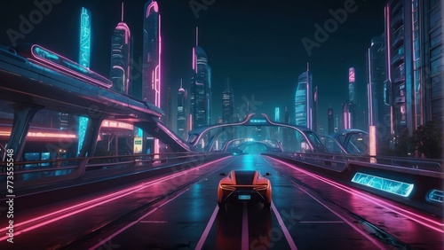Neon lit futuristic city with a sports car