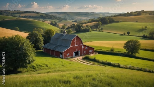 Iconic red barn in a pastoral countryside landscape