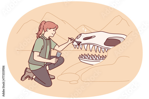 Woman archaeologist near giant dinosaur skull cleans head ancient animal with brush. Girl explorer kneeling down participates in excavation, carefully removing skeleton from sand. Flat vector design