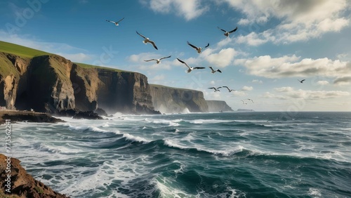 Cliffs by the sea with flying seagulls