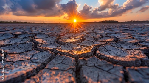 Breathtaking Sunset Over Cracked Dry Earth Symbolizing Climate Change, Environmental Issues, and Drought Conditions