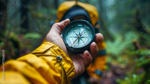 Explorer Holding a Compass in a Dense Forest, Navigational Tool for Outdoor Adventure, Close Up Shot in Nature