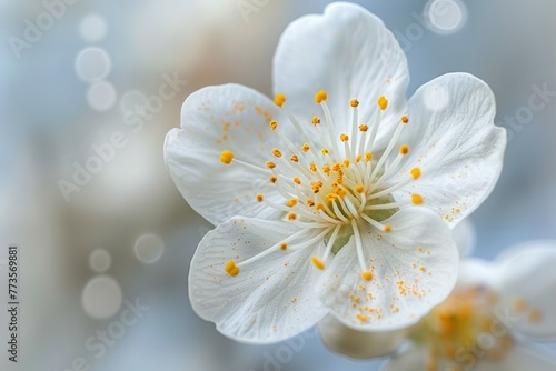 A close up of a white flower with yellow spots