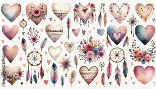 A collection of whimsical hearts and dreamcatchers in soft colors with floral and feather details.