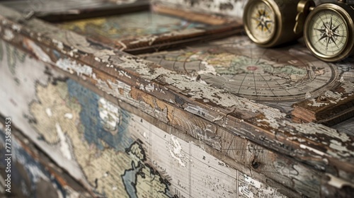 A weathered and worn wooden podium adorned with vintage maps and compasses gives off a sense of nostalgia and travel. The backdrop . .