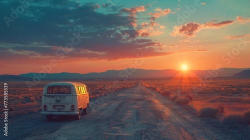 As the sun dipped below the horizon, casting long shadows over the desolate highway, their vintage camper van rumbled into view, its faded paint telling stories of countless journeys past.