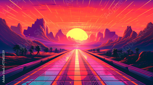 Retro futuristic sunshine landscape abstract graphic poster web page PPT background