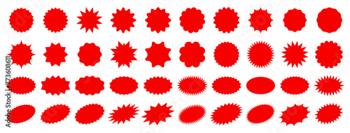Starburst sale price stickers and labels, star and rosette, sunburst, callout and splash, stamp and tag badges. Isolated vector circle and oval red stickers, promo labels and tags with scalloped edges