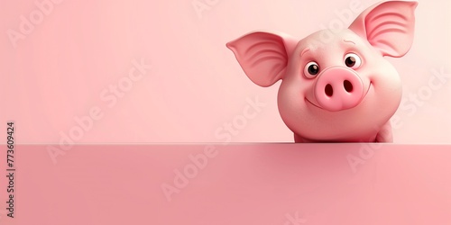 Funny pig hanging on a pink blank banner, cartoon cute pig peeking over blank pink banner on pink backgrounds, mock up, copy space.