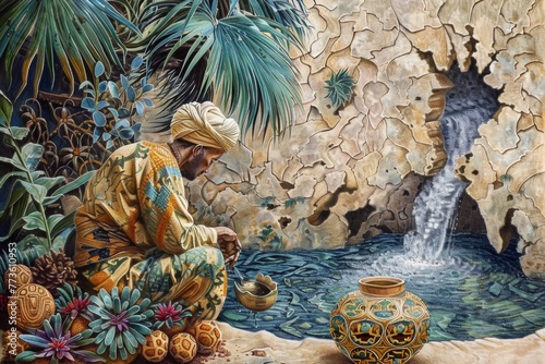 A water bearer resting by a lush oasis, refilling intricately carved gourds from a crystal clear spring.