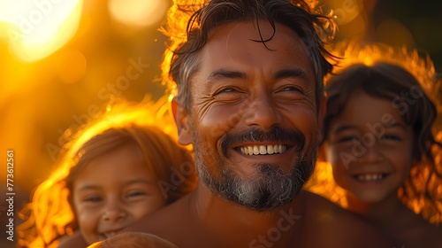 A man laughing uproariously as he plays with his young nieces and nephews.
