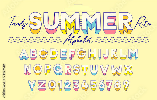 trendy summer retro 3d alphabet effect set – colorful pastel font typeface typography for seasonal design with blue vintage outline