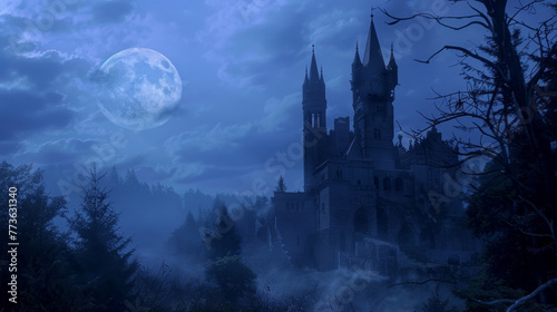 A mysterious abandoned castle stands tall against the night sky its turrets and spires silhouetted against the bright moon. . .