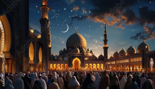 Islamic crescent moon and star decorations illuminated against the night sky to mark the beginning of Eid. Prayers going for the mosque. Eid al-Fitr celebration concept.
