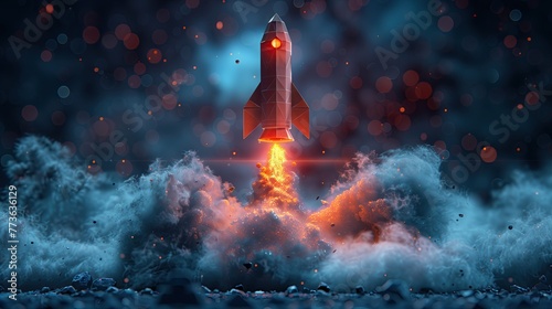 Abstract image. Launching a rocket into space. Glowing connected dot and line model Ideas for promotion and rapid growth of business Illustration of a low poly wireframe.