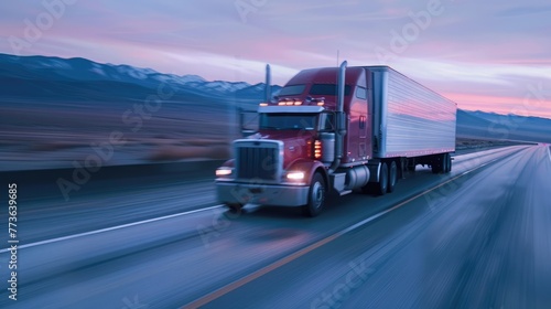 Semi-truck with a large trailer in motion on a highway, captured with a sense of speed, with the background blurred to emphasize movement, during a beautiful sunset or sunrise