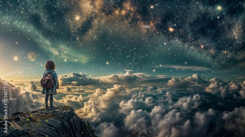 Little girl traveler with backpack standing on top of a mountain and looking at the starry sky