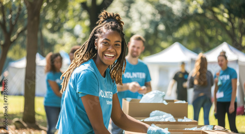 A group of diverse people wearing blue t-shirts with the text "VOLUNTEER" stood next to each other, their hands in boxes filled with water bottles and food items at an outdoor event or concert setting