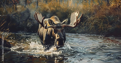 Moose wading through a stream, antlers spread wide, gentle giant. 